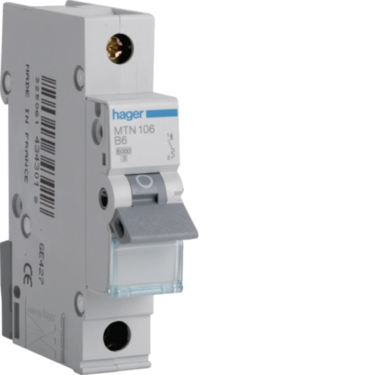Hager MTN106 miniature circuit breaker 6 A Type B