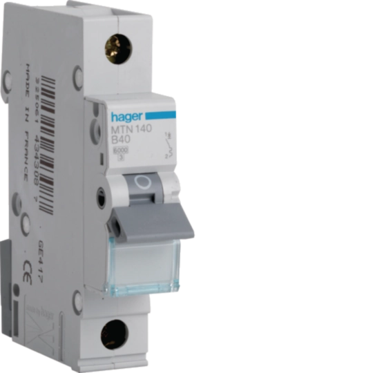 Hager MTN140 40A single pole MCB with B curve and 6kA