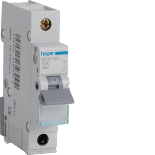 Hager MTN150 50A single pole MCB with 6kA B curve