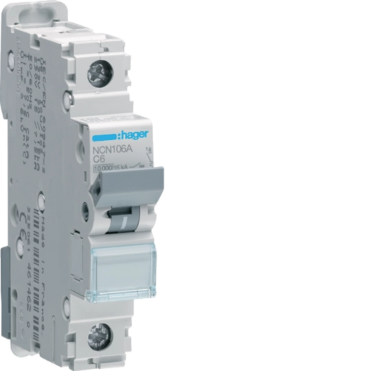 Hager NCN106A 6A single pole MCB with C curve and 10/15kA
