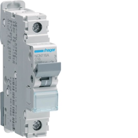 Hager NCN116A 16A single pole MCB with 10/15kA C curve