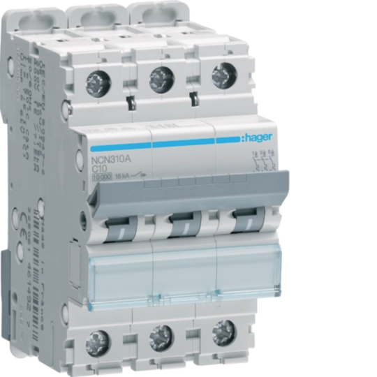Hager NCN310A 10A 3-pole MCB with C curve and 10/15kA