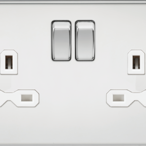 Flat plate 13A 2G DP switched socket - polished chrome with white insert