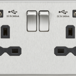 13A 2G switched socket with dual USB charger A + A (2.4A) - Brushed chrome with black insert
