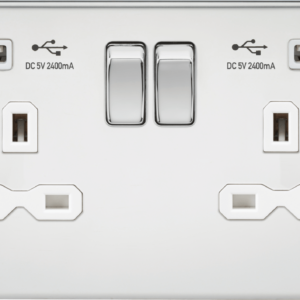 13A 2G switched socket with dual USB charger A + A (2.4A) - Polished chrome with white insert