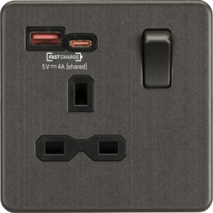 Screwless 13A 1G SP Switched Socket with Dual USB A+C 12V DC 1.5A [Max. 18W] - Smoked Bronze with Black Insert