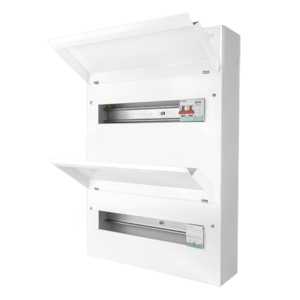 Click Elucian 32 Way Metal Dual Row Consumer Unit with 100A Mains Switch + 2 Pole SPD + 100A Connection Unit CUDEB32MSSPC27