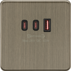 Screwless 1G Dual USB-C and USB-A Charger Plate [20V DC 63W] - Antique Brass