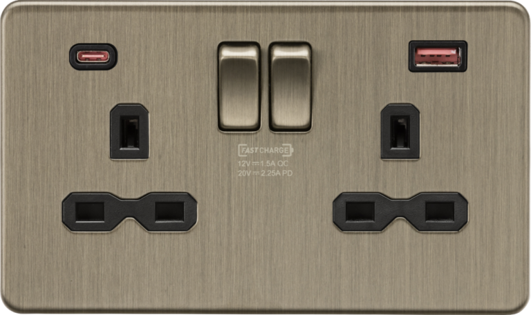 Screwless 13A 2G DP Switched Socket with Dual USB A+C 20V DC 2.25A (Max. 45W) - Antique Brass